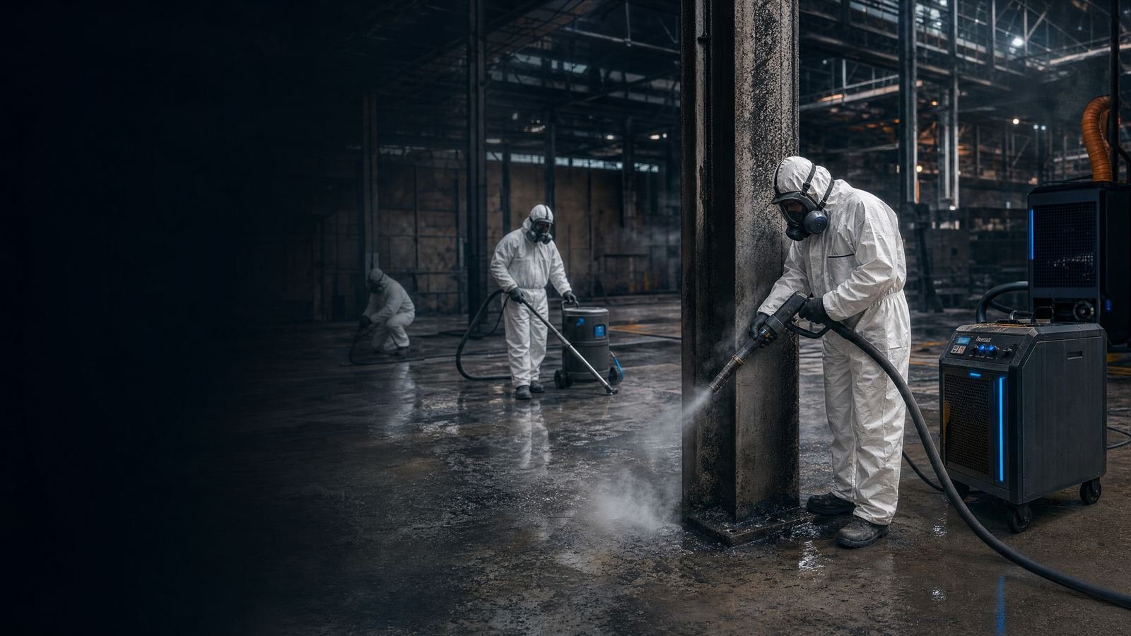 Equipo técnico de limpieza de humo y hollín en nave industrial